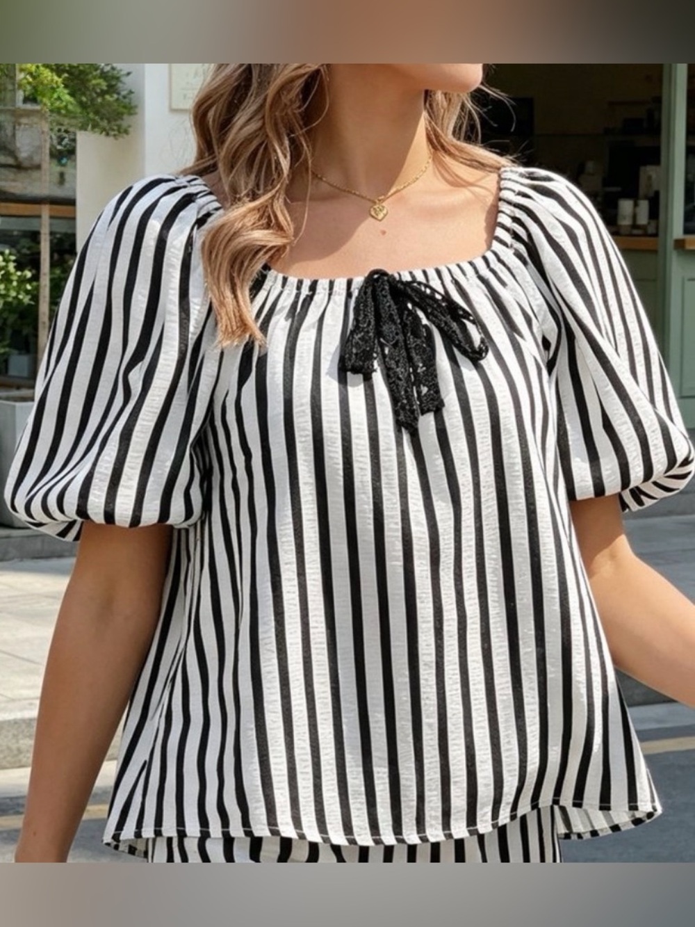Black & White Striped Square-Neck Puff Sleeve Blouse